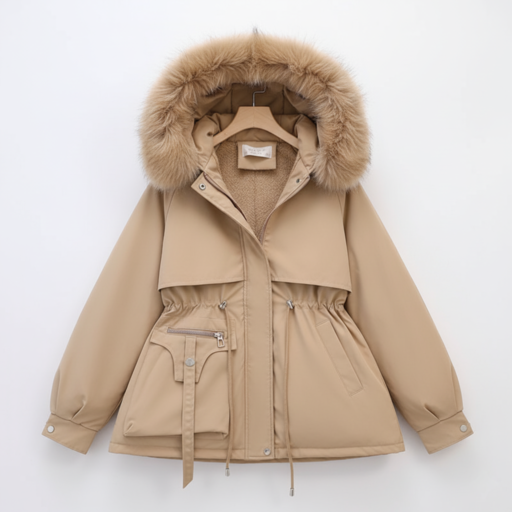 Damparkas med Justerbar Midja och Pälshuva 5