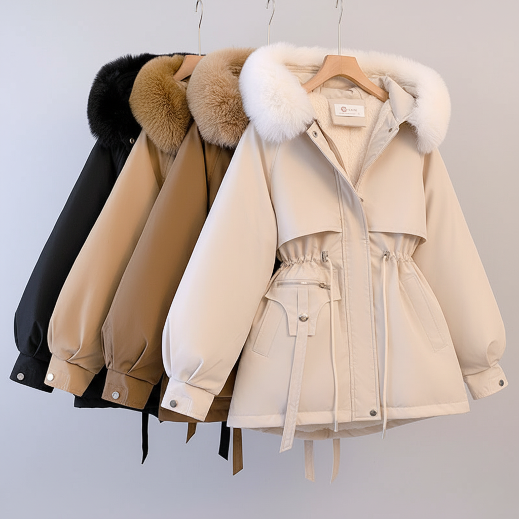 Damparkas med Justerbar Midja och Pälshuva 7