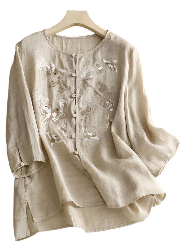 Dams Tun Linne Top Rund Hals Retro Design Vevd Bomull Linne 0