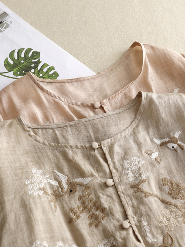 Dams Tun Linne Top Rund Hals Retro Design Vevd Bomull Linne 1