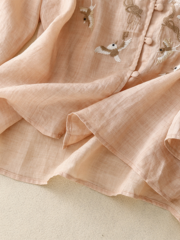 Dams Tun Linne Top Rund Hals Retro Design Vevd Bomull Linne 3