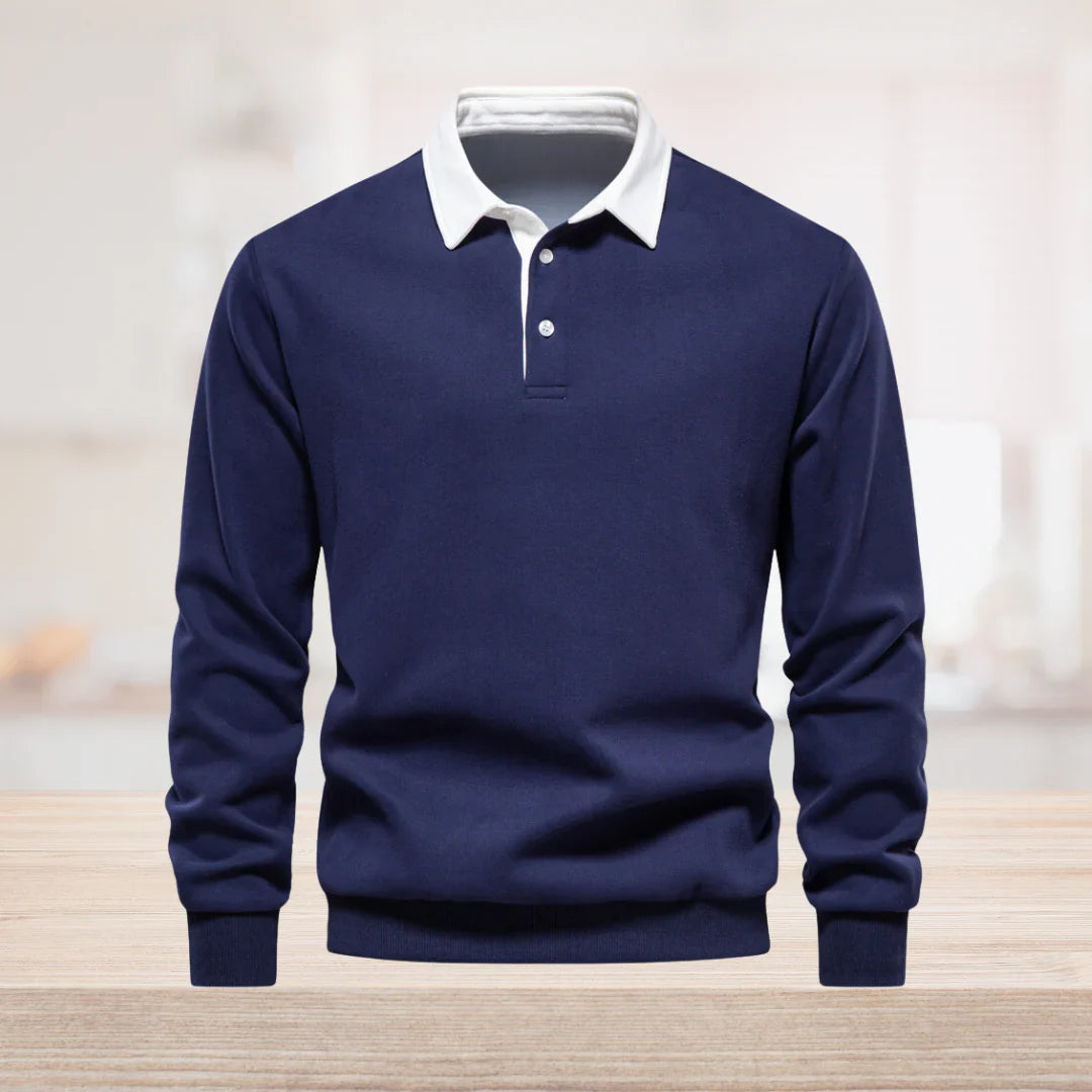 Mäns Långärmad Poloshirt Klassisk Krage Bomull-1