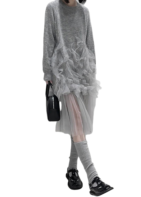 Grå Ruffled Tulle Klänning för Damer 0