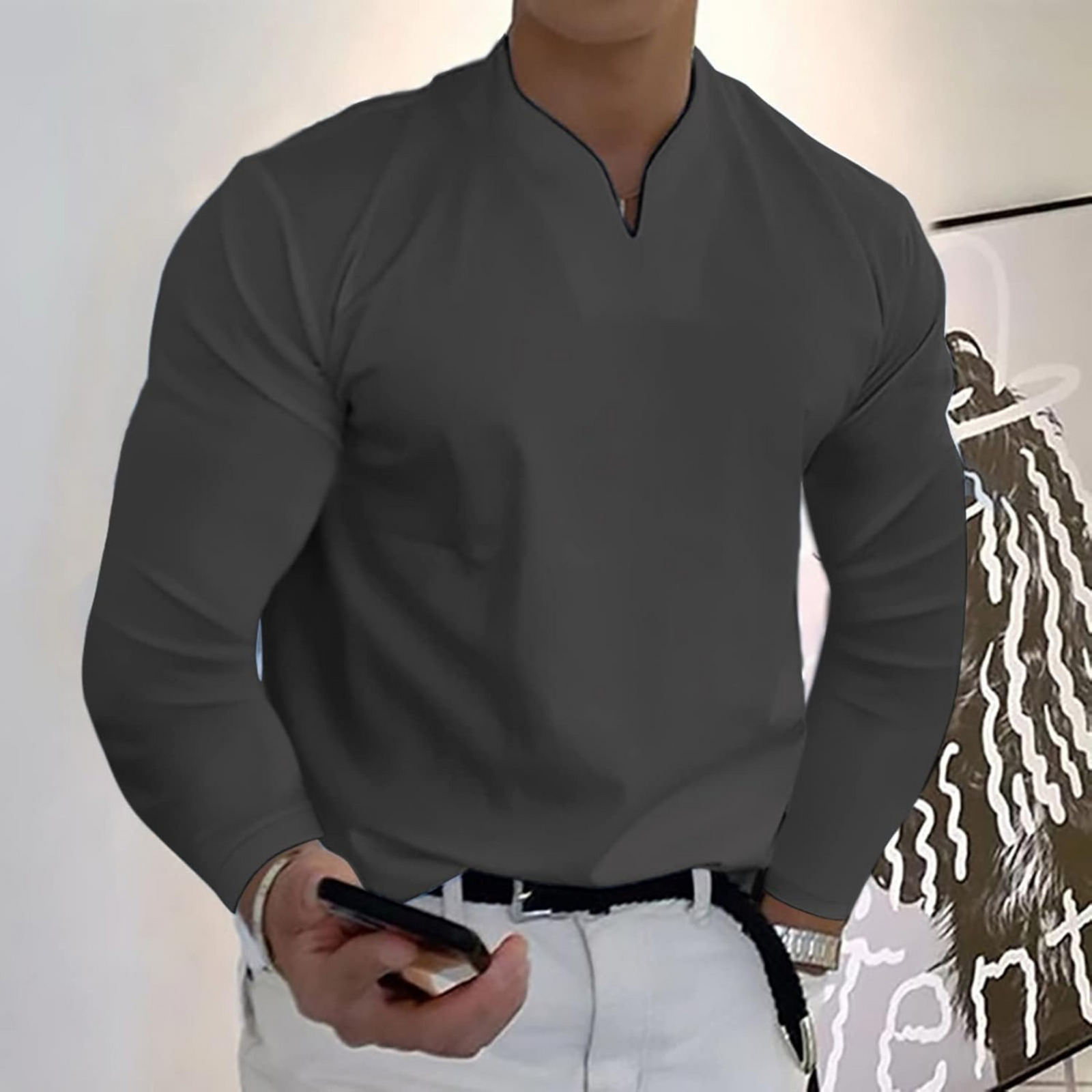 Herr Långärmad Pikétröja V-ringad 11