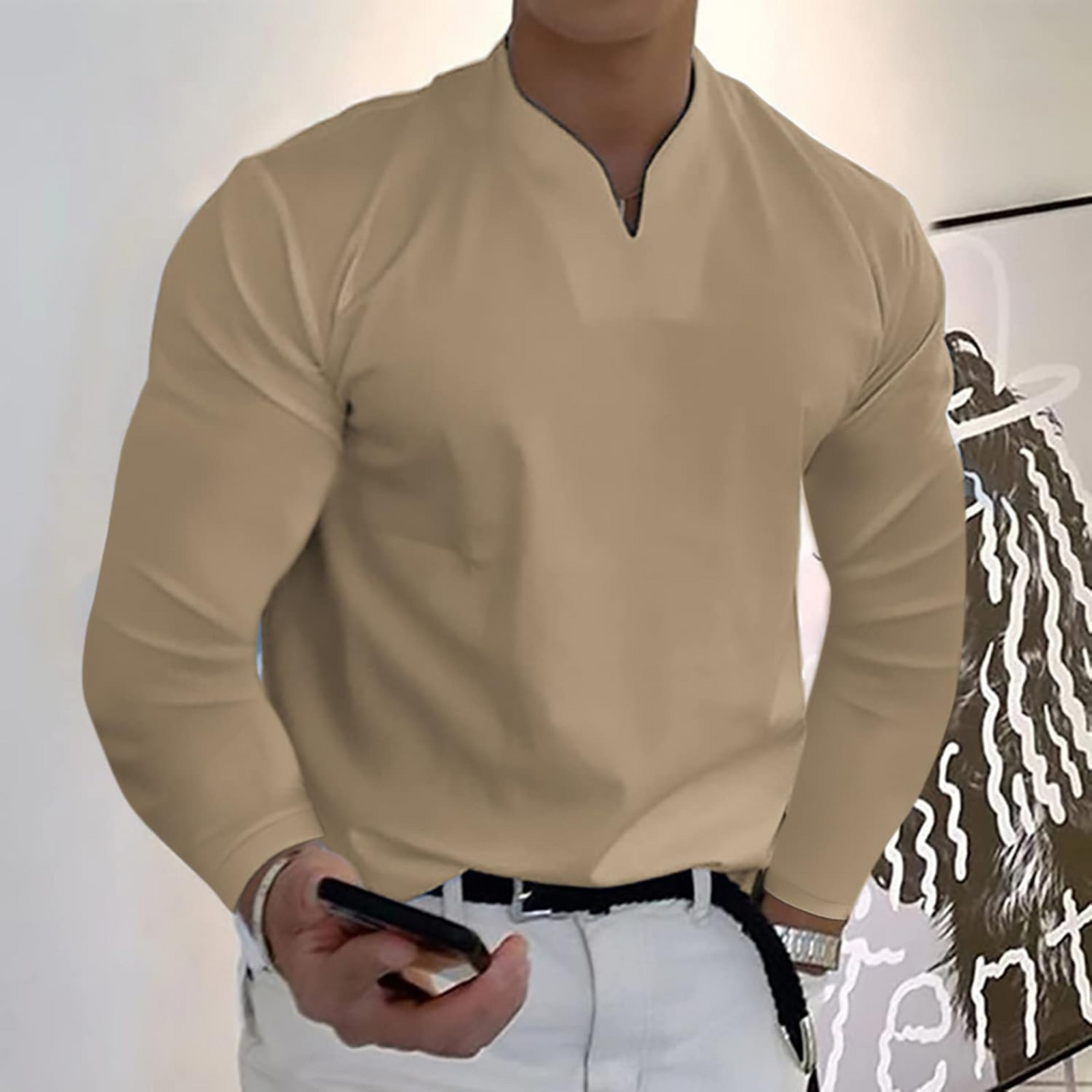 Herr Långärmad Pikétröja V-ringad 2