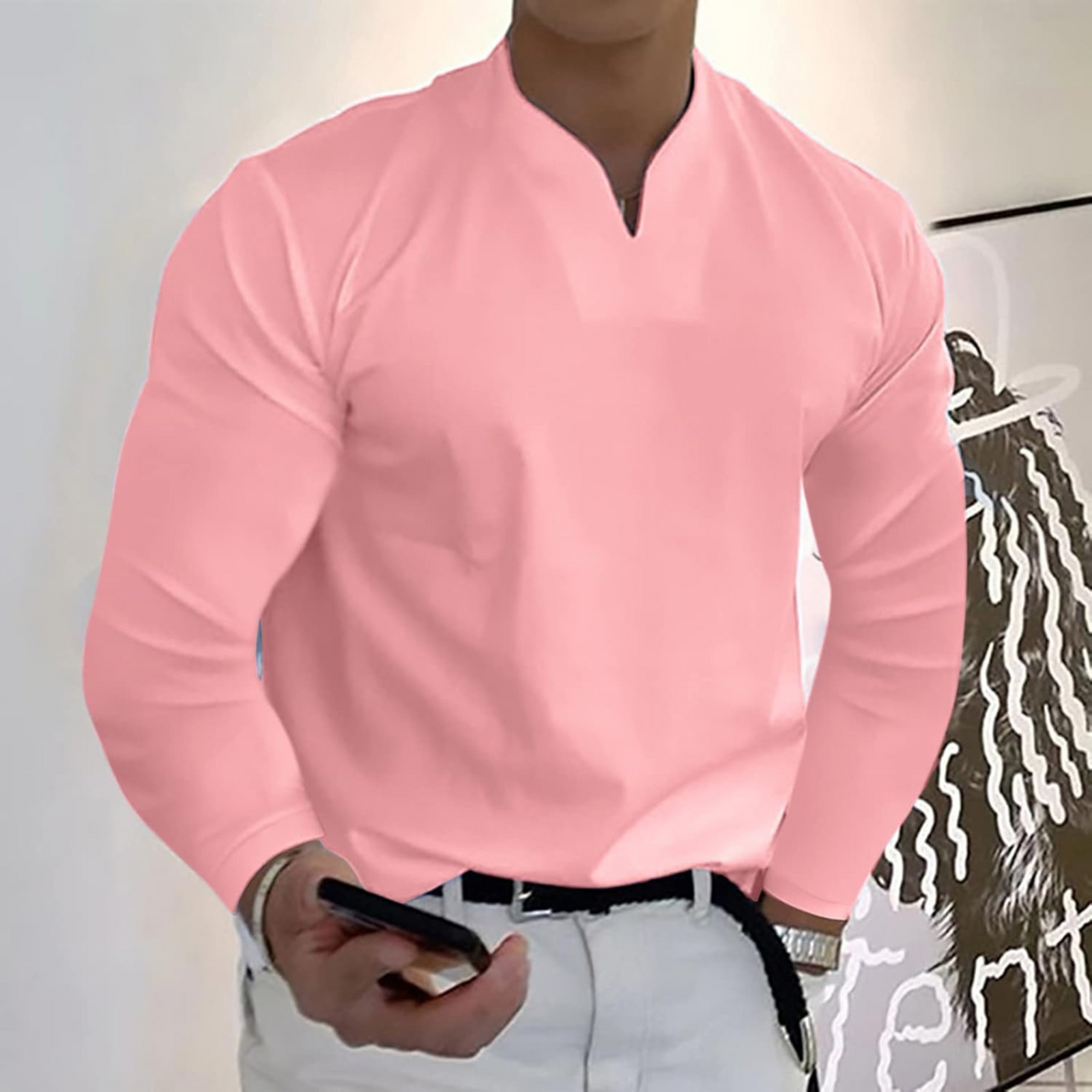 Herr Långärmad Pikétröja V-ringad 3