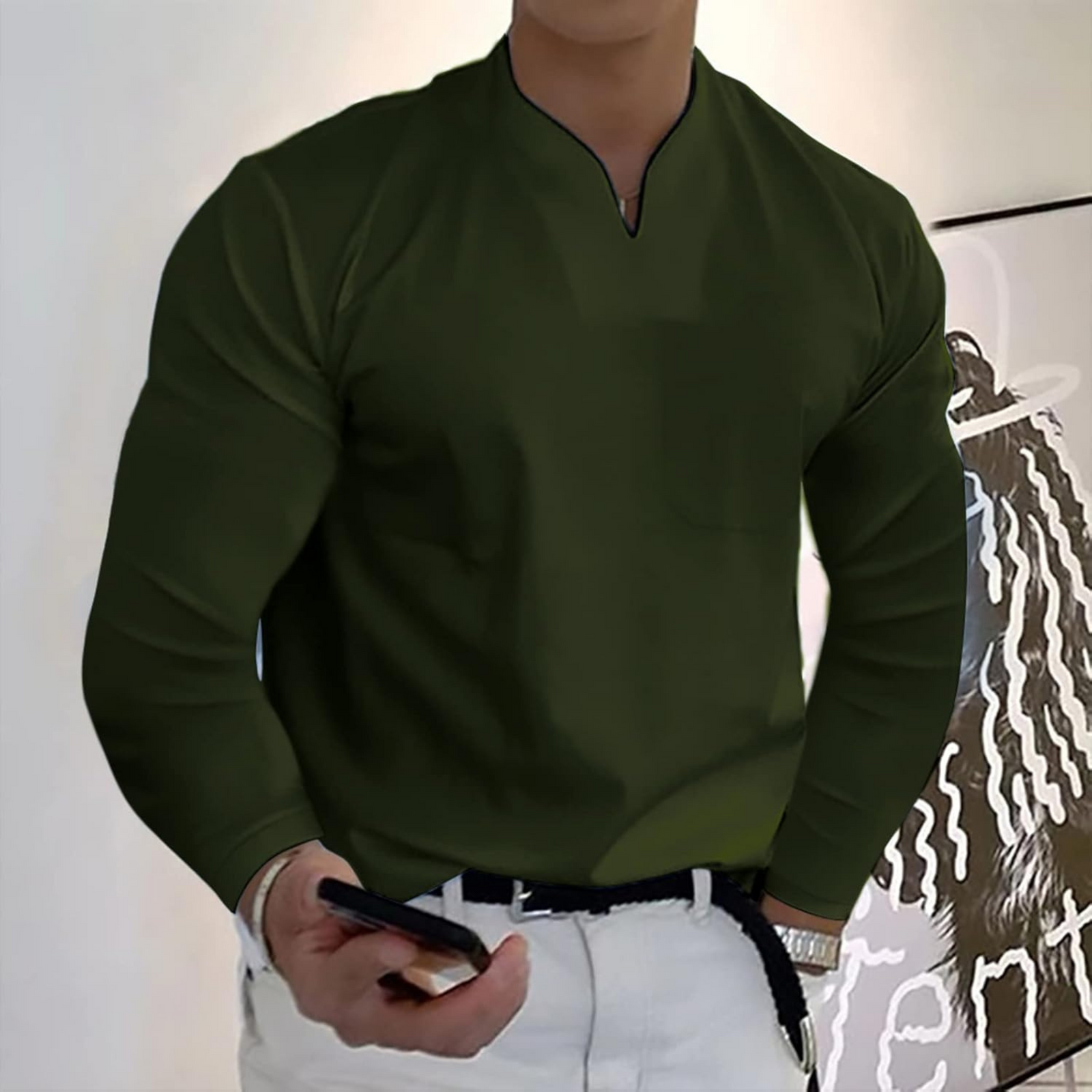 Herr Långärmad Pikétröja V-ringad 8