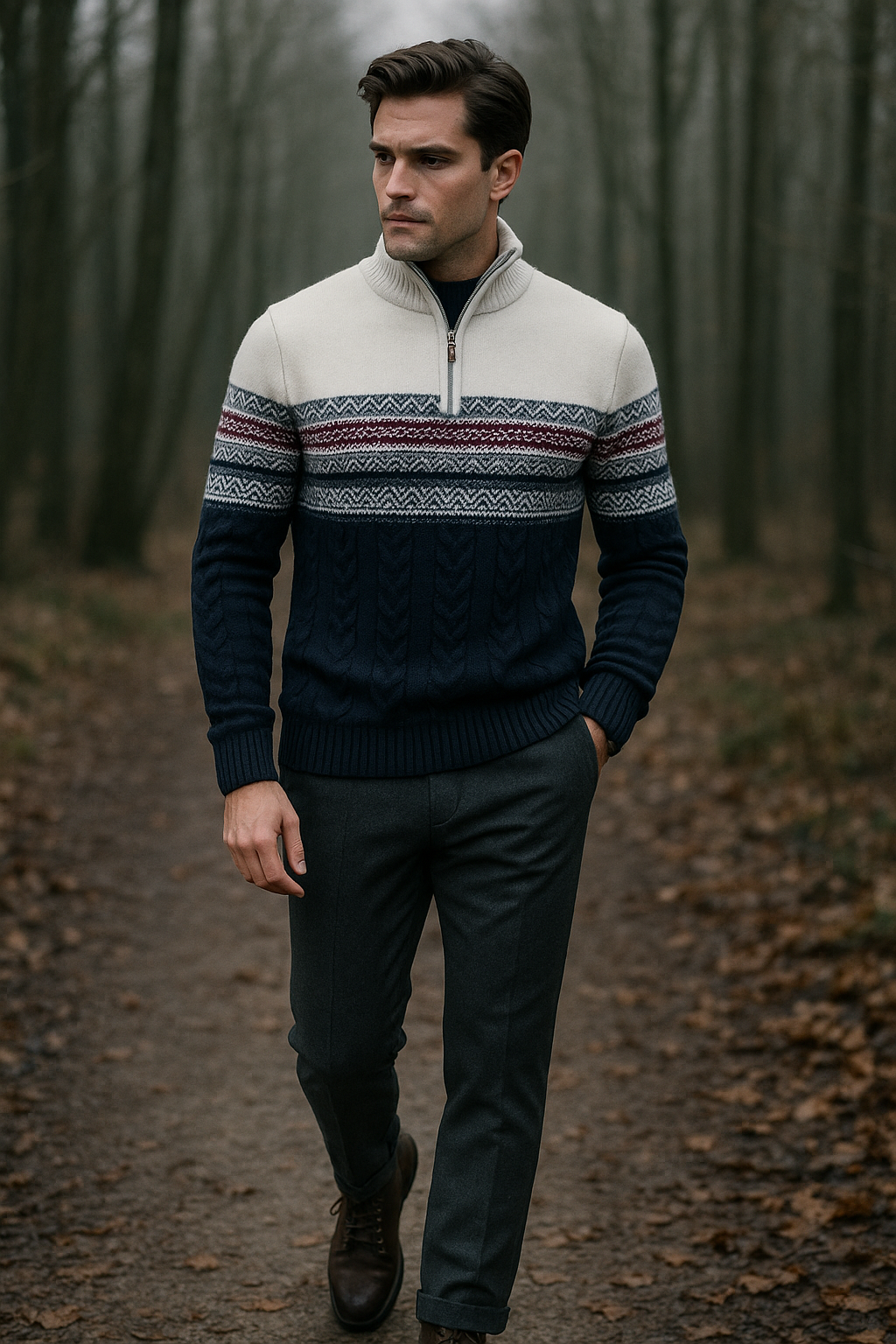 Herr Tröja Norskt Mönster Med Kvartritssluiting Mjuk Blandning av Tyg 1