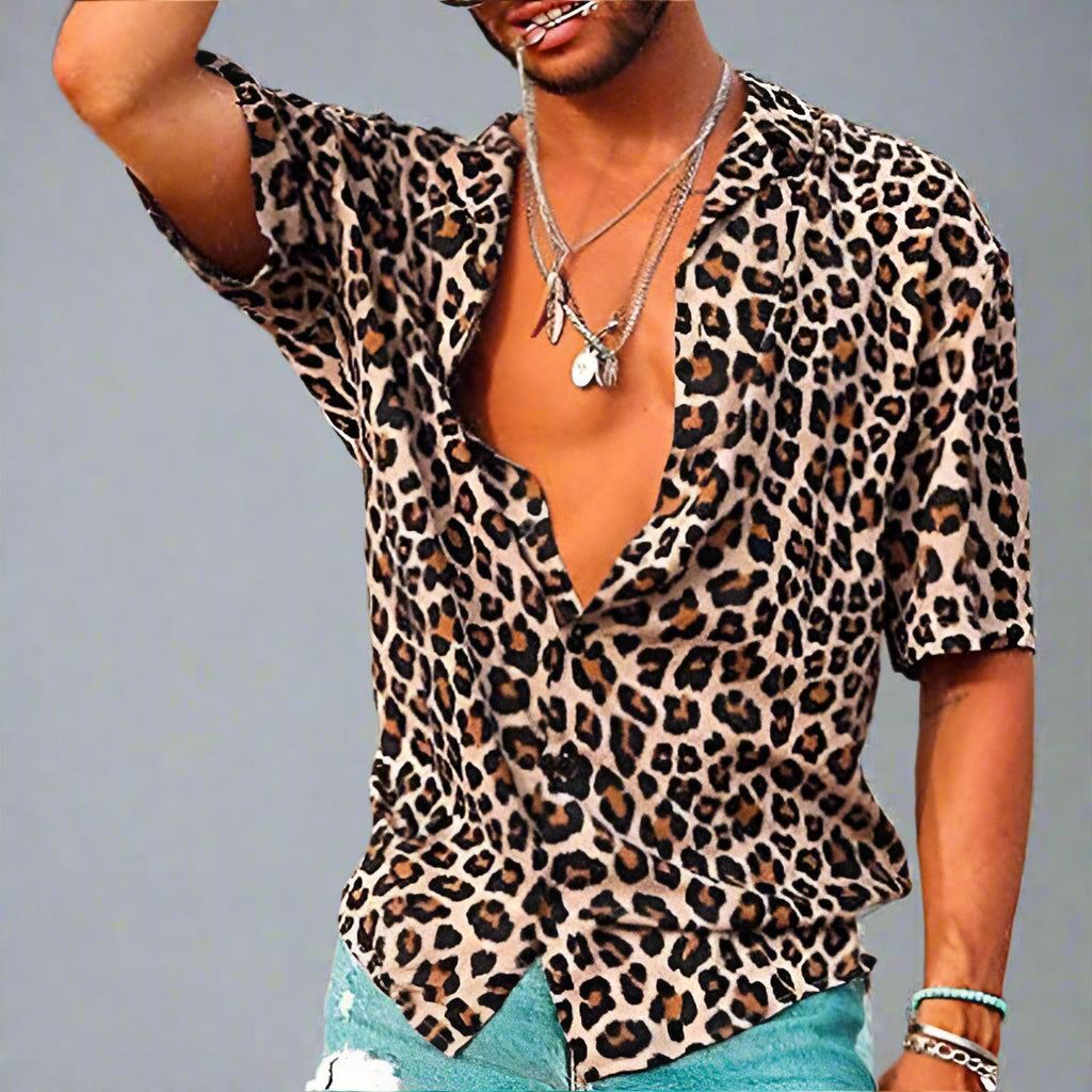 Herren Poloshirt V-Hals Med Luipaardprint Lätt Tyg 1