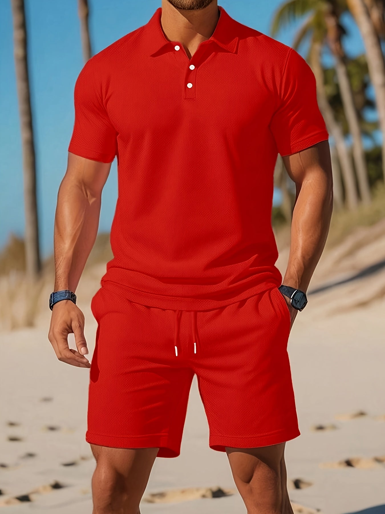 Herrens Sommar Set Polo och Shorts Ton-sur-Ton Struktur Lätt Vävt Material 4