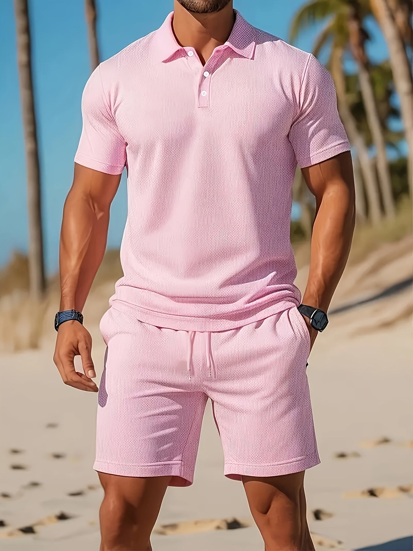 Herrens Sommar Set Polo och Shorts Ton-sur-Ton Struktur Lätt Vävt Material 9