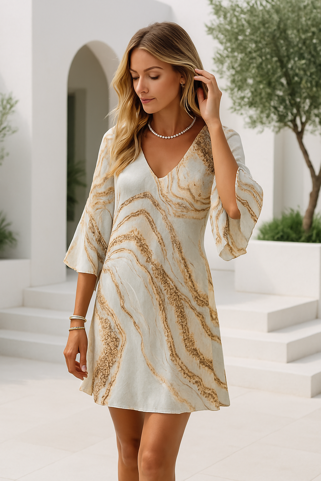 Korta Klänningar Dam V-Hals Abstrakt Mönster Lätt Silkeslen Textur 1