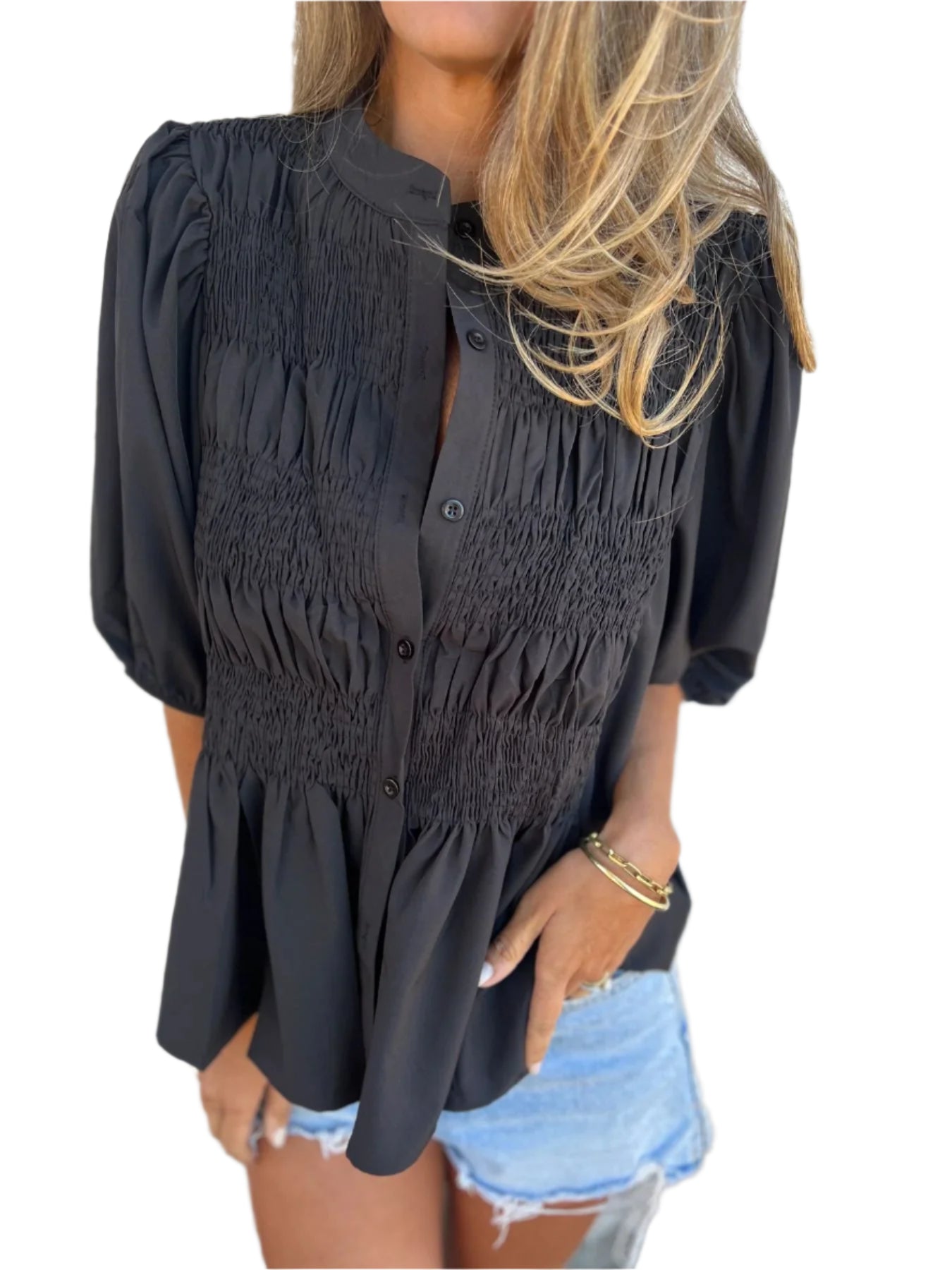 Kvinna Blus med Plisseringar och Avslappnad Silhuett 0