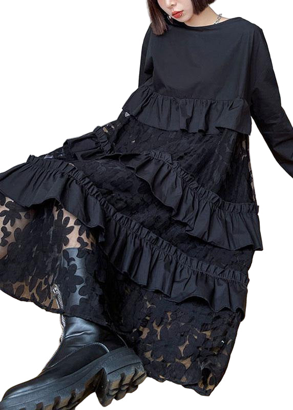 Kvinna Höstklänning med Volanger i Svart 0