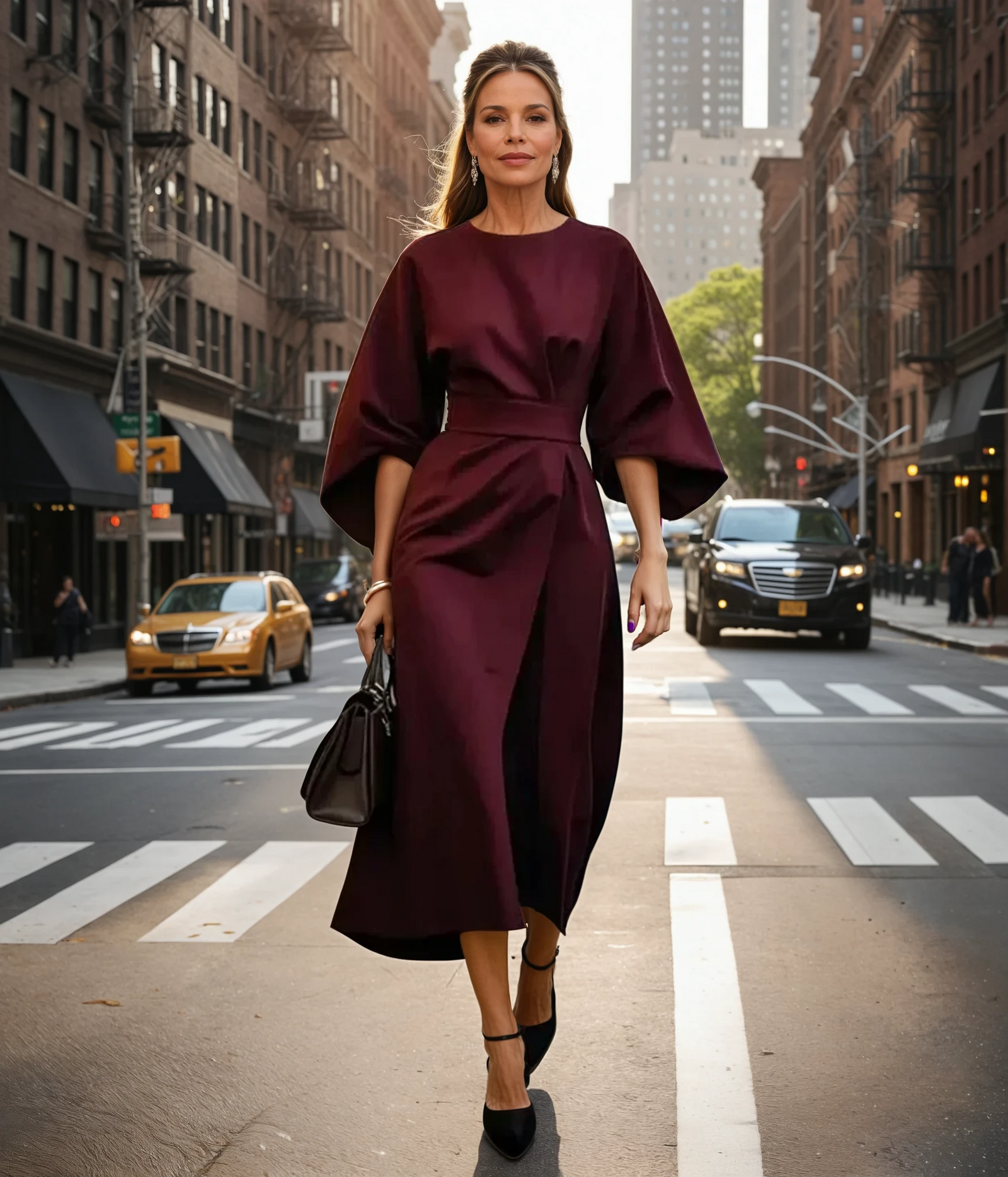 Kvinna Midi Klänning med Lantaarnmouwen och Ceintuur 3