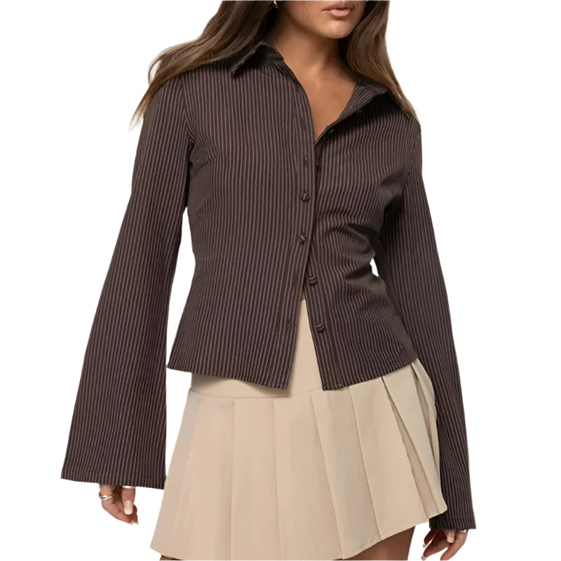 Kvinna Retro Blus Slim Fit med Flared Ärmar 0