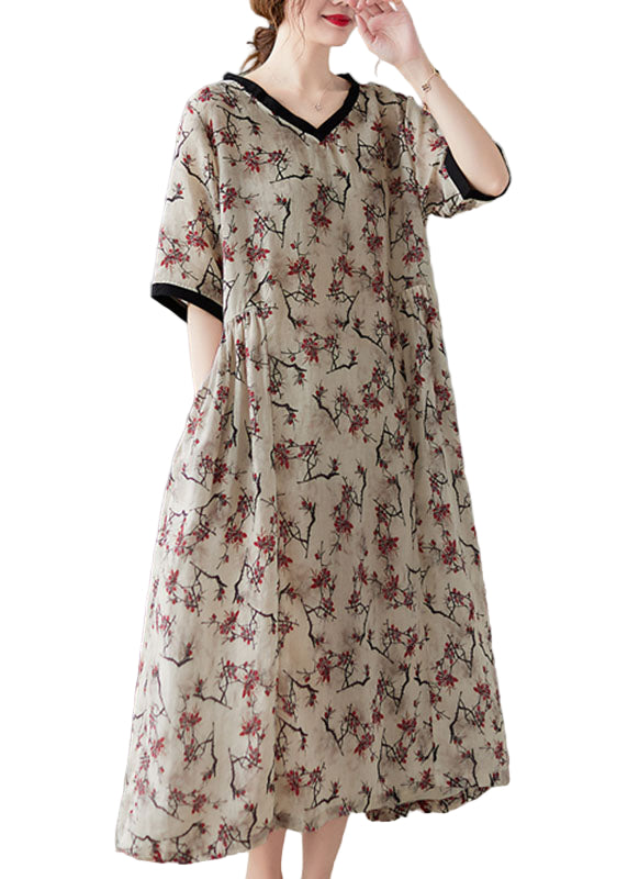 Kvinnor V-ringad Klänning Kortärmad Linne Loose Fit 0