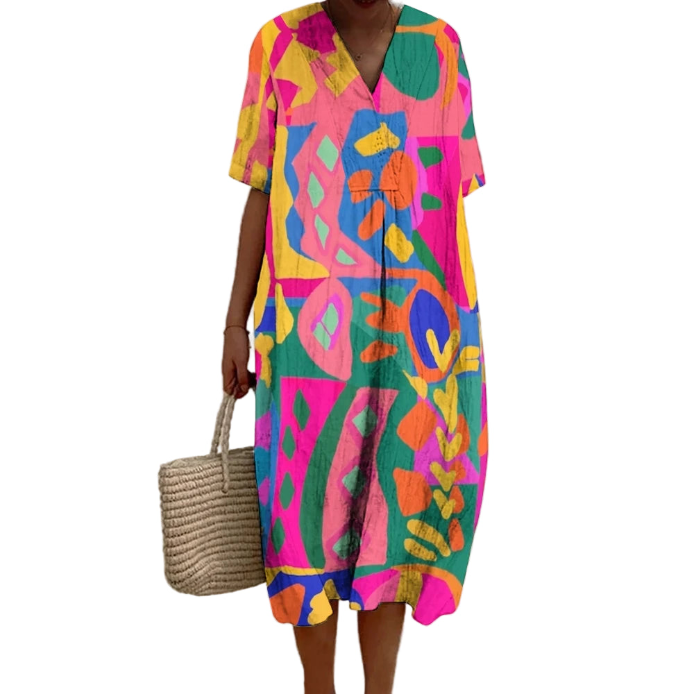 Kvinnors A-linjeformad Klänning Kort Ärmar Bohemisk Mjuk Material 0