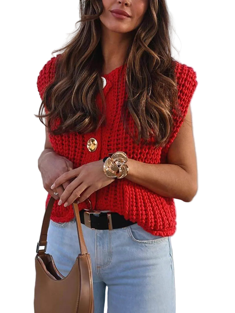 Kvinnors Ärmlös Cropped Cardigan med Fickor 0