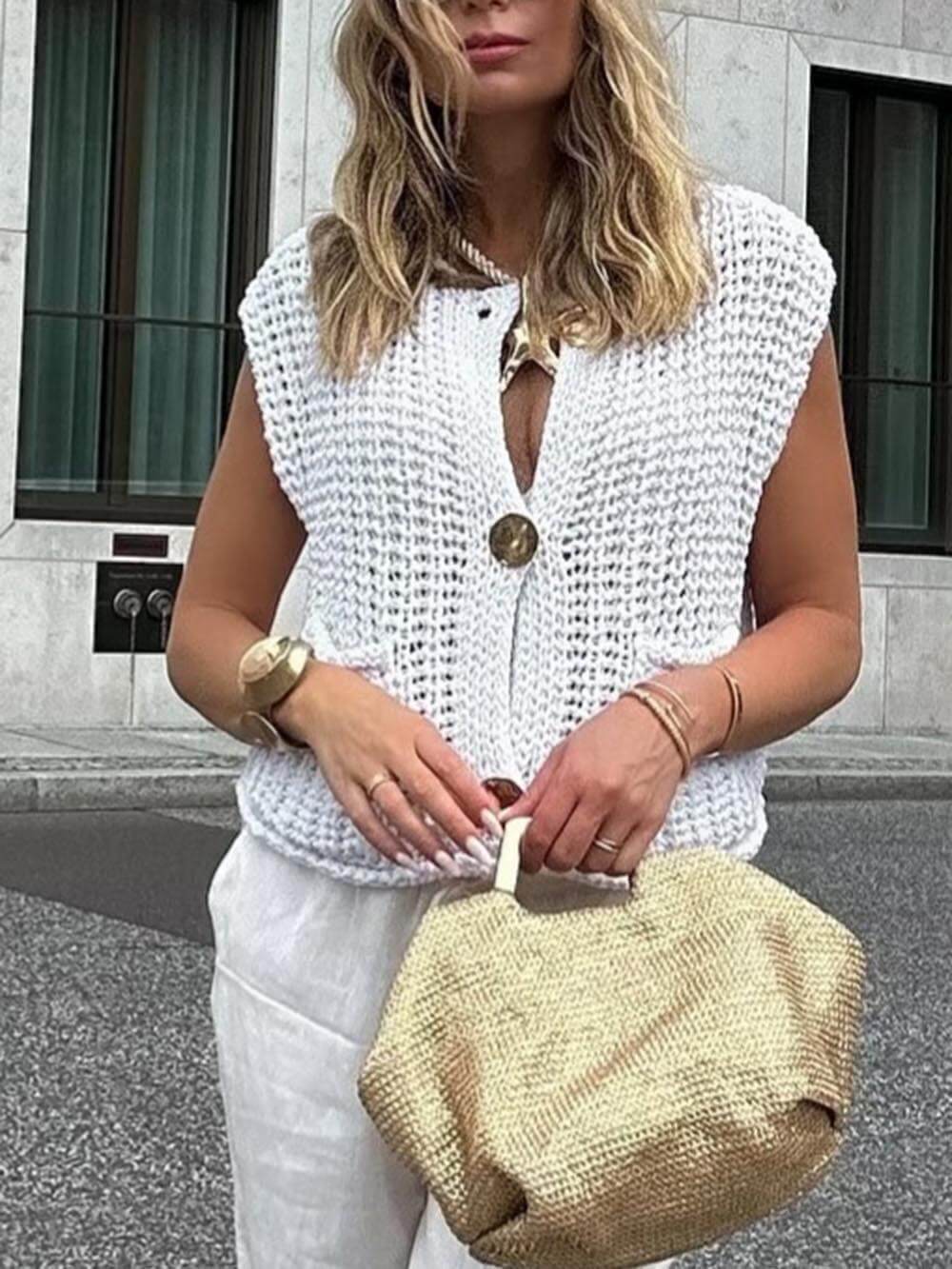 Kvinnors Ärmlös Cropped Cardigan med Fickor 3