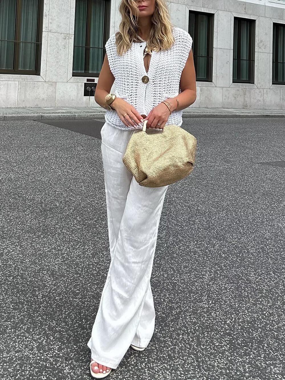 Kvinnors Ärmlös Cropped Cardigan med Fickor 4