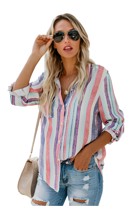 Kvinnors Button-Up Top med Vändkrage i Randigt Linne 0