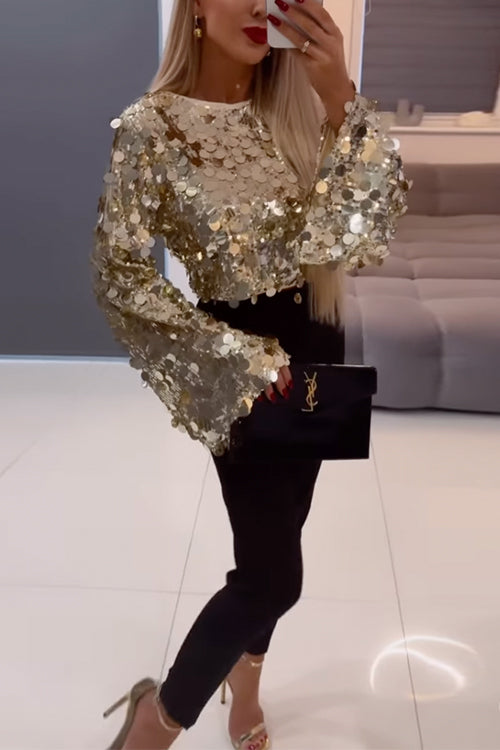Kvinnors Crop Top med Långa Klockärmar och Paljetter 2