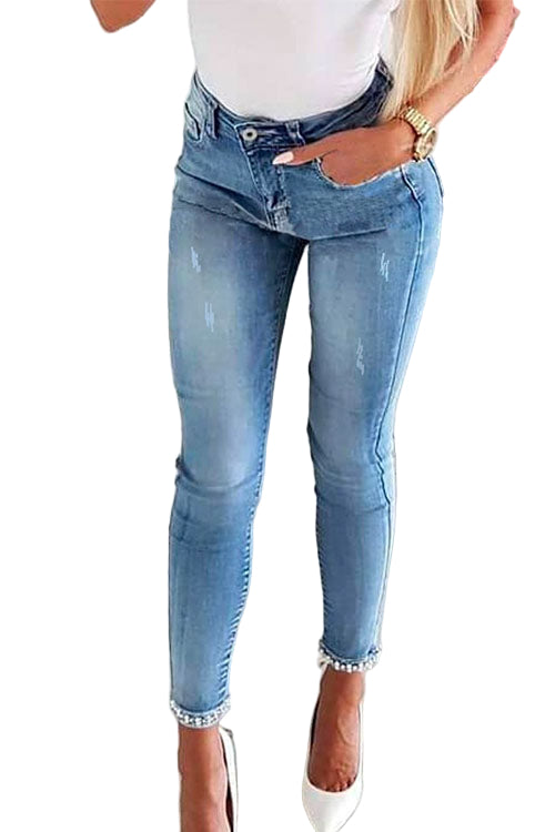 Kvinnors Denim Byxor med Bågknut och Pärldetaljer 1