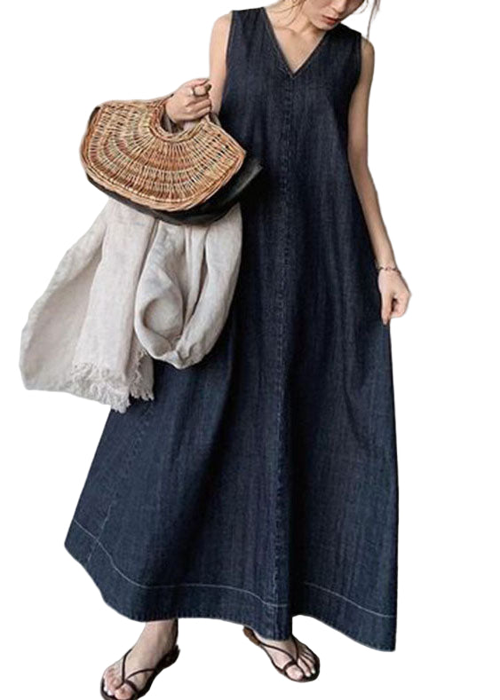 Kvinnors Denim Klänning Kall Axel V-Hals Bohemisk Stil 0