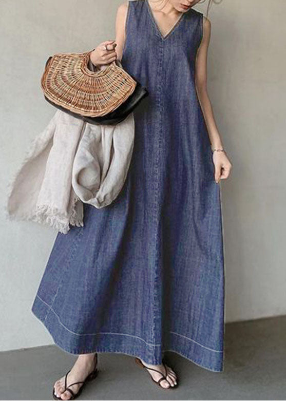 Kvinnors Denim Klänning Kall Axel V-Hals Bohemisk Stil 2