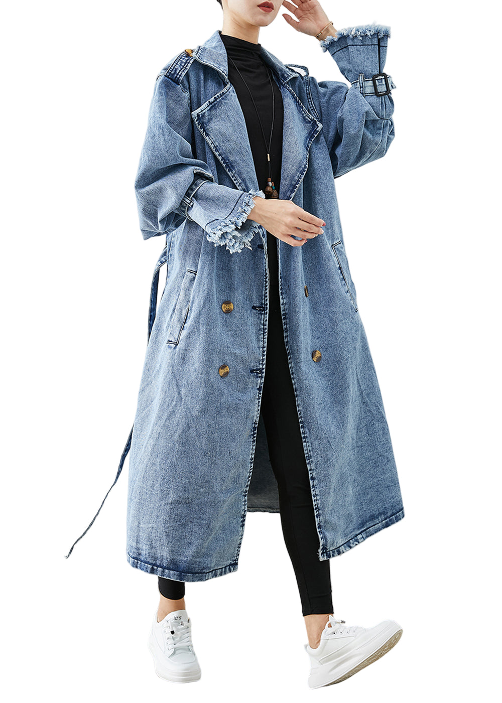 Kvinnors Denim Trench Coat med Dubbla Bröst 0