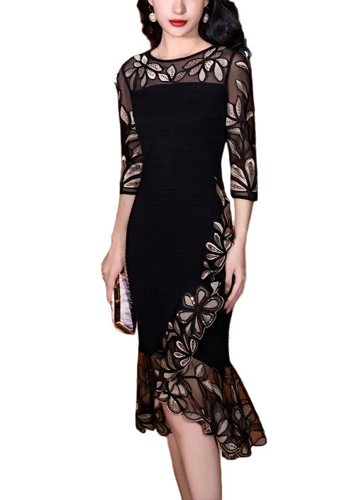 Kvinnors Fishtail Klänning med Broderad Tyll 0