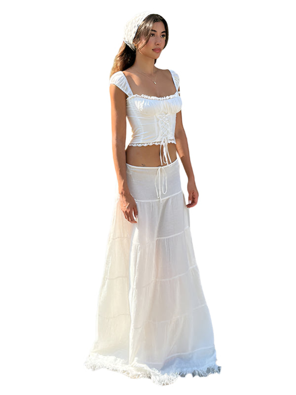 Kvinnors Halterneck Top Fyrkantig Urringning Spets Splicer Maxikjol Polyester 0