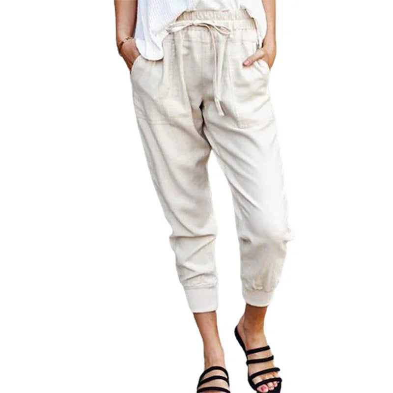 Kvinnors Hög Midja Byxor Snörning 100% Bomull Enfärgad Design 2