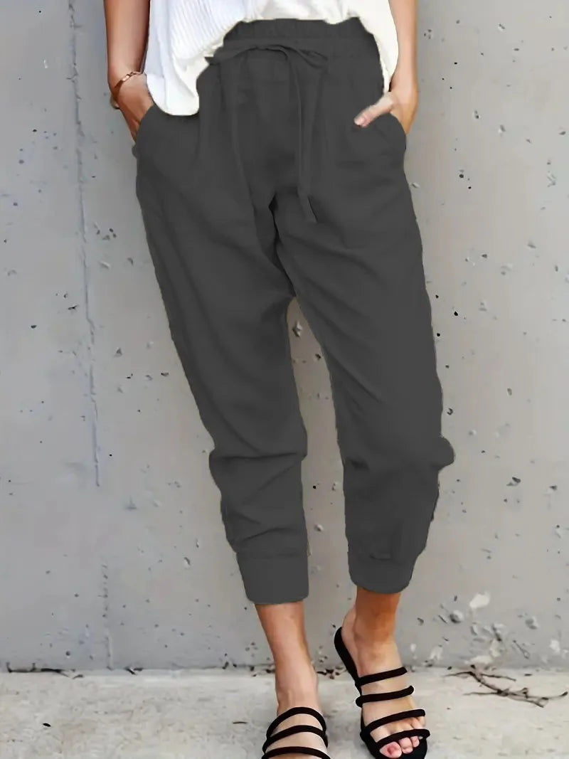 Kvinnors Hög Midja Byxor Snörning 100% Bomull Enfärgad Design 6