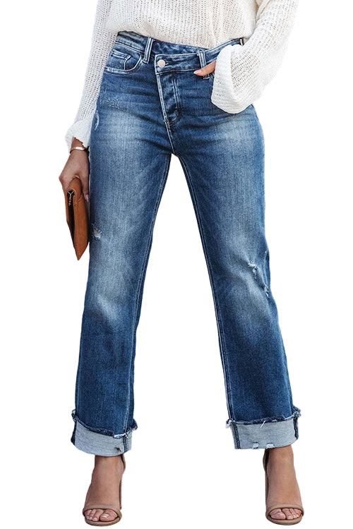 Kvinnors Högmidjade Raka Ben Denimbyxor 0