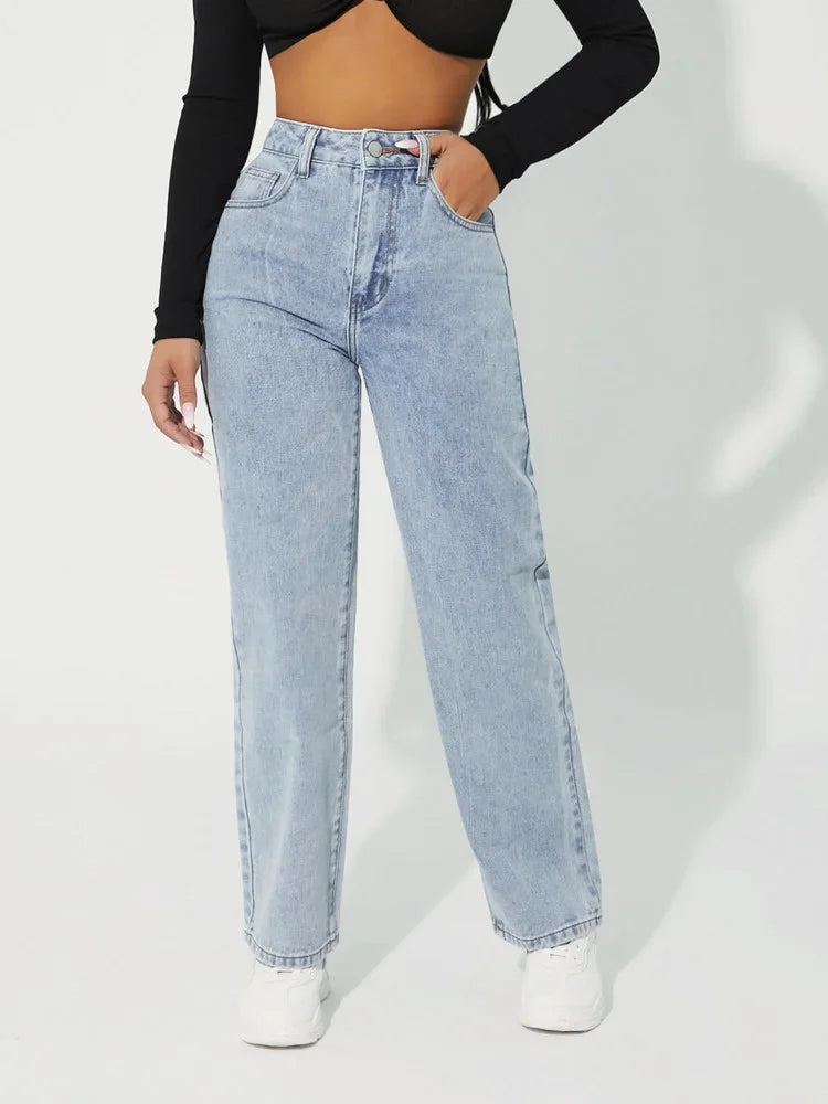 Kvinnors Högmidjade Raka Ben Jeans 5