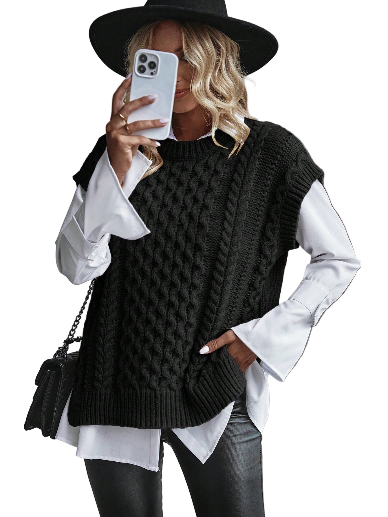 Kvinnors Kabelstickad Sweater Vest Löst Sittande 0