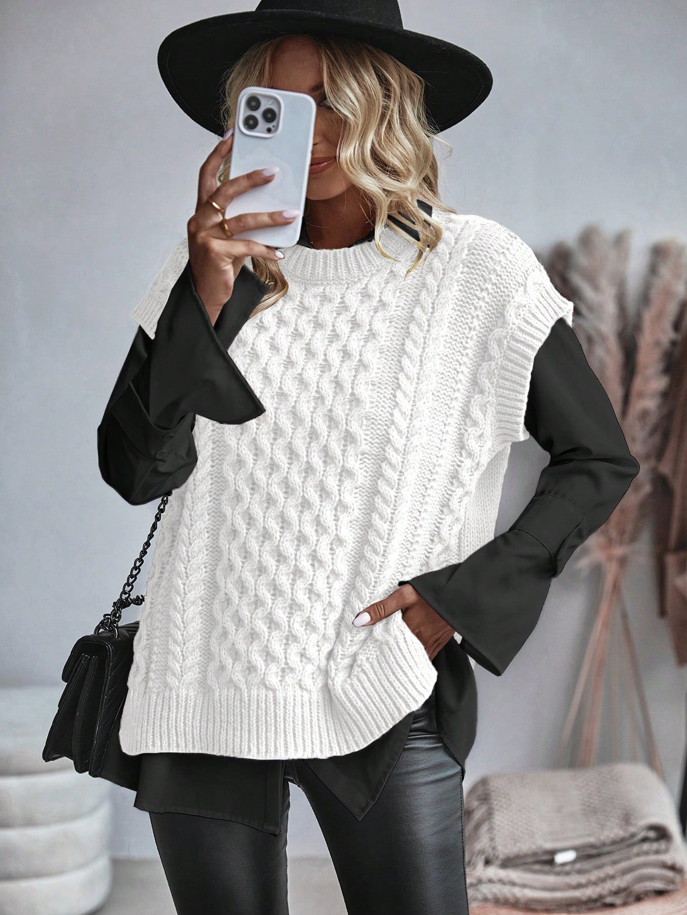 Kvinnors Kabelstickad Sweater Vest Löst Sittande 2