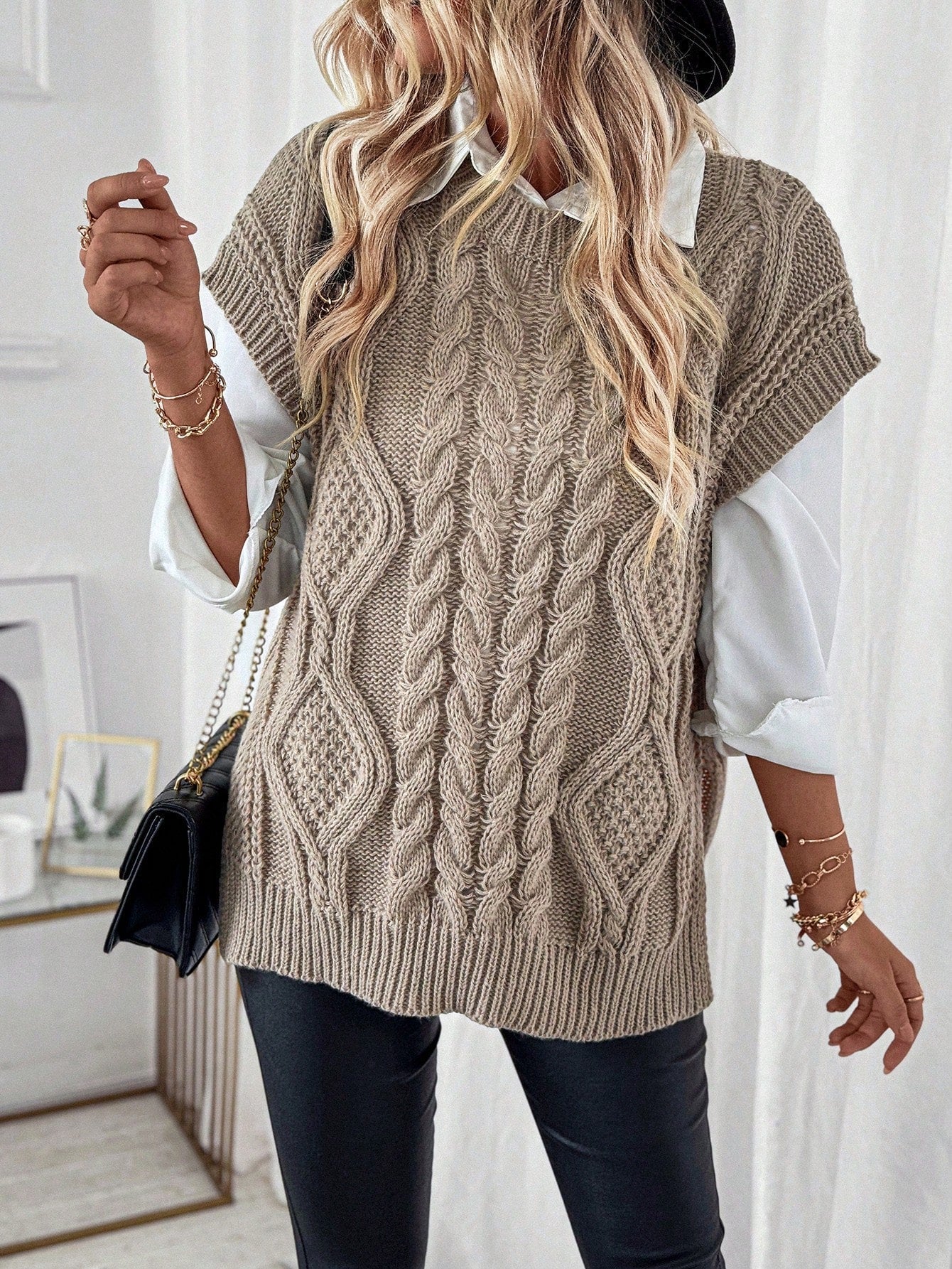 Kvinnors Kabelstickad Sweater Vest Löst Sittande 5