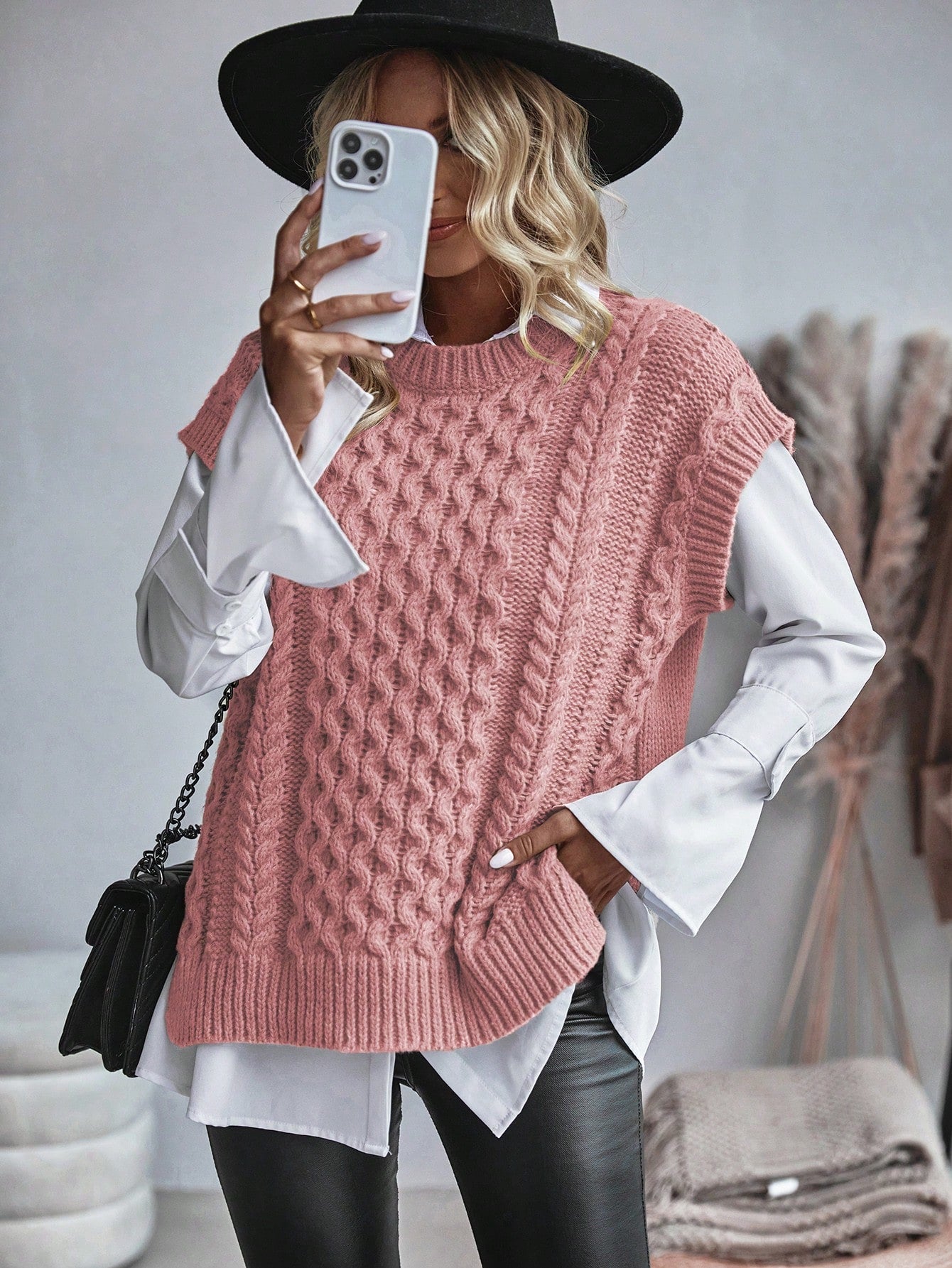 Kvinnors Kabelstickad Sweater Vest Löst Sittande 6