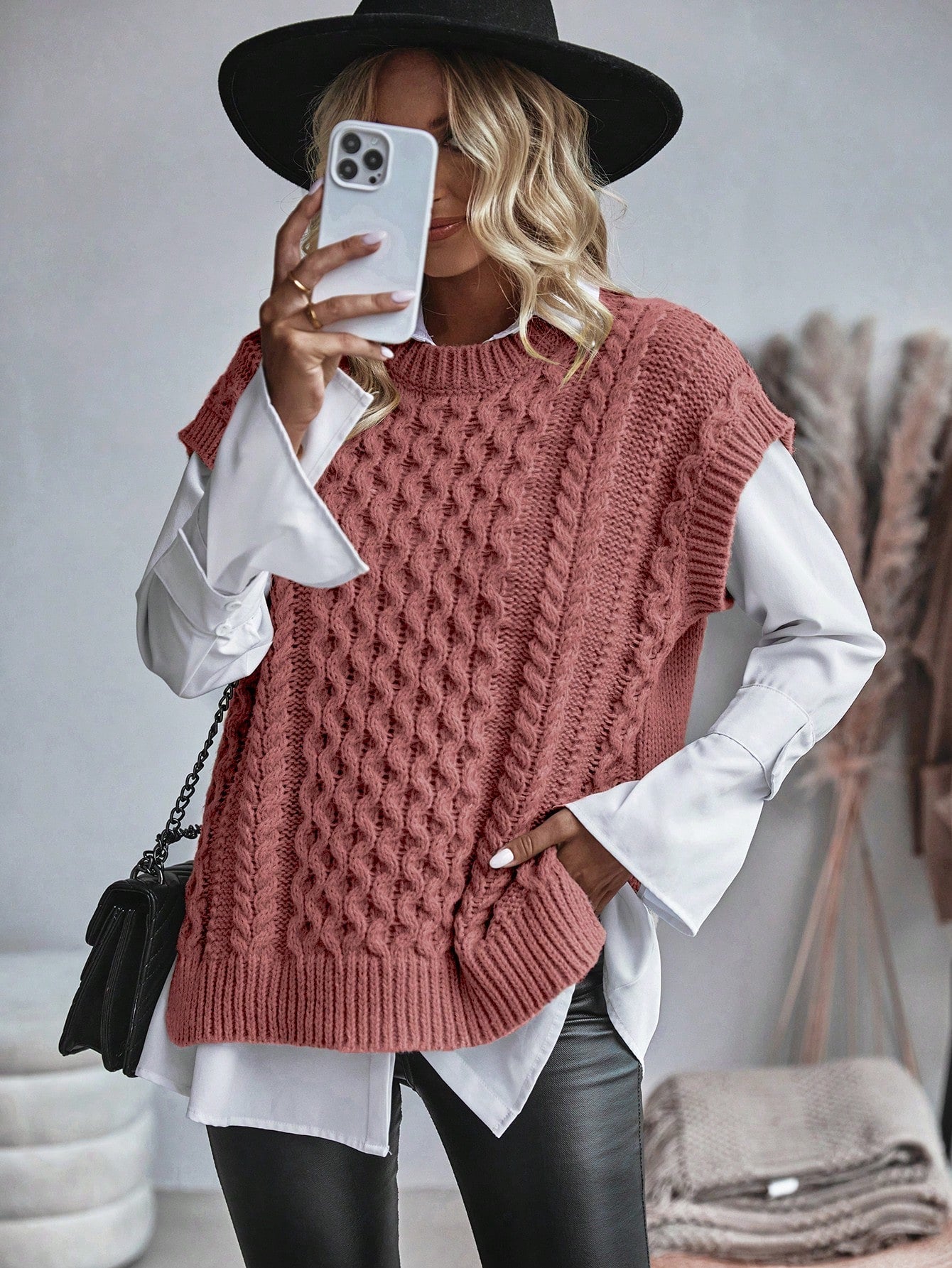 Kvinnors Kabelstickad Sweater Vest Löst Sittande 7