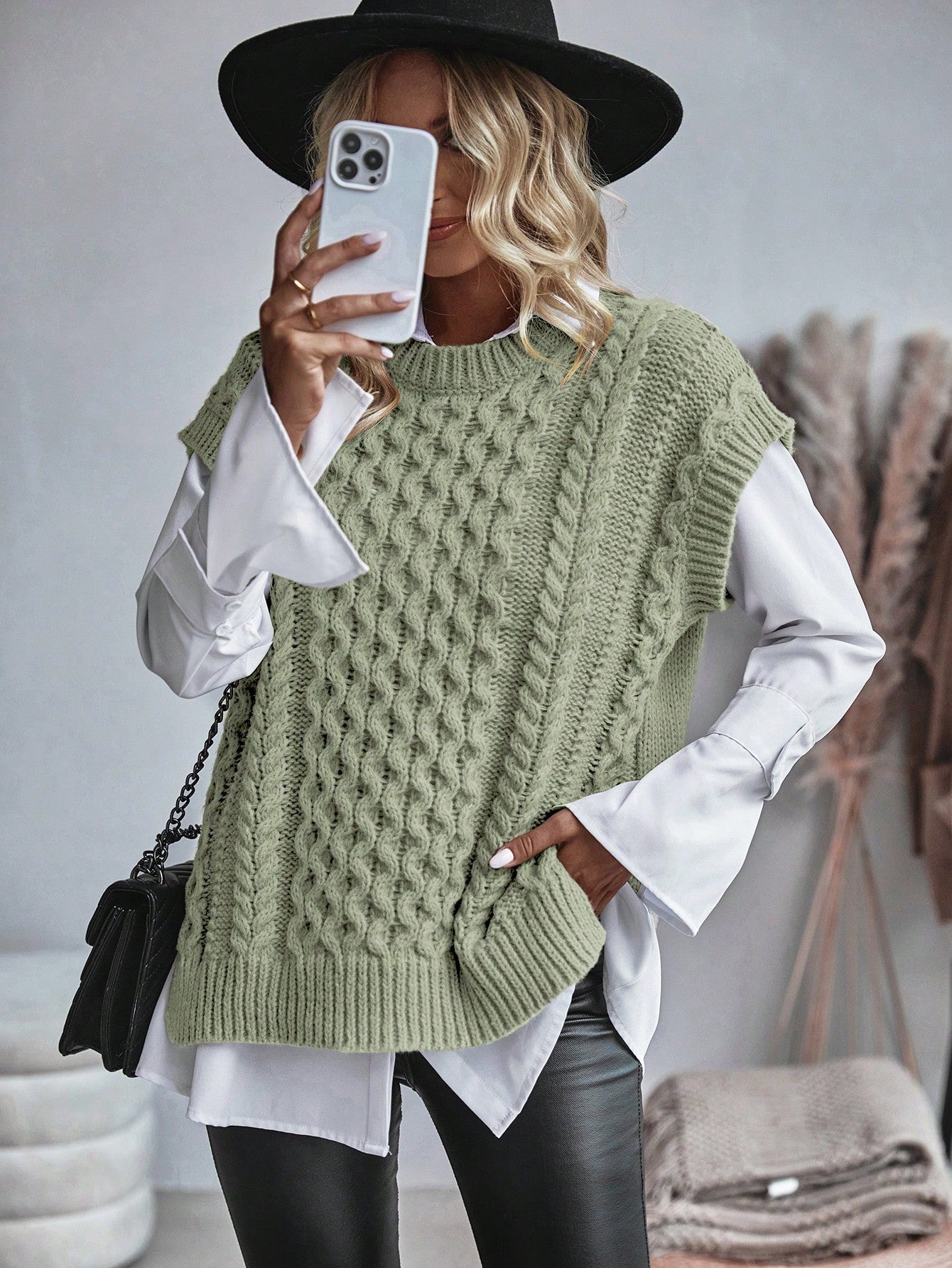 Kvinnors Kabelstickad Sweater Vest Löst Sittande 9