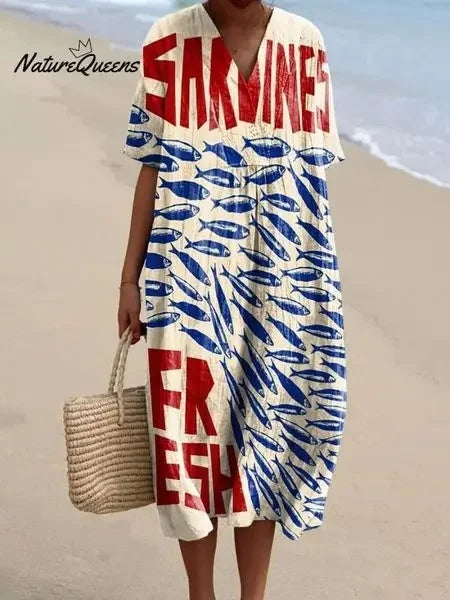 Kvinnors Klänning Kortärmad Plus Size Med Fickor Marin Mönster Lätt Material 14