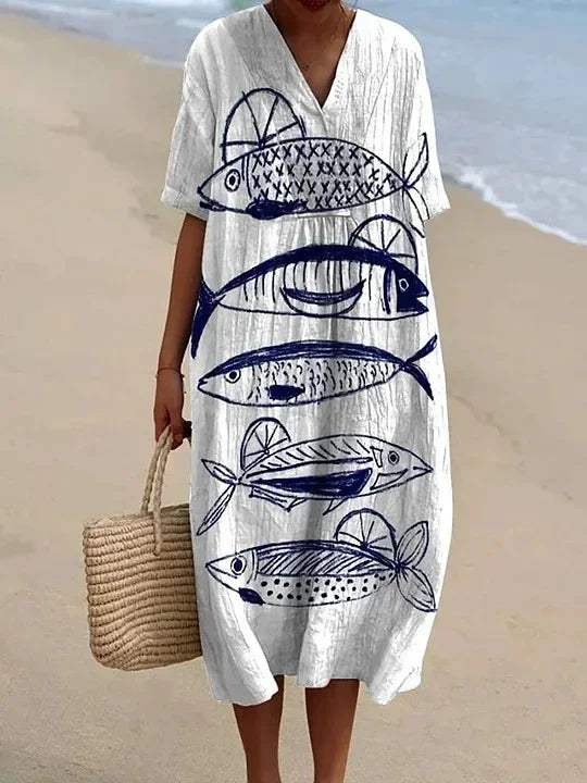 Kvinnors Klänning Kortärmad Plus Size Med Fickor Marin Mönster Lätt Material 8