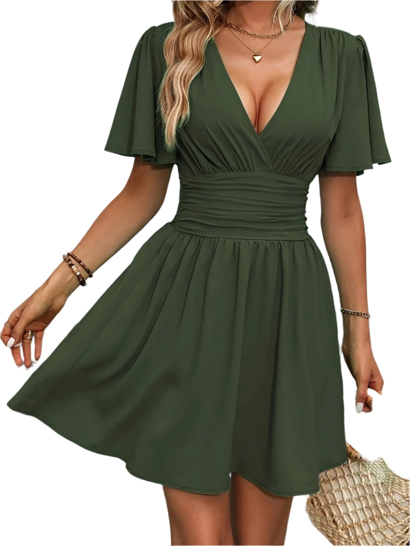 Kvinnors Klänning med V-Ausschnitt och Geraffad Midja 0