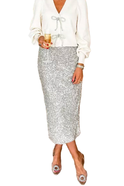 Kvinnors Midi-partykjol med Hög Midja i Paljetter 0