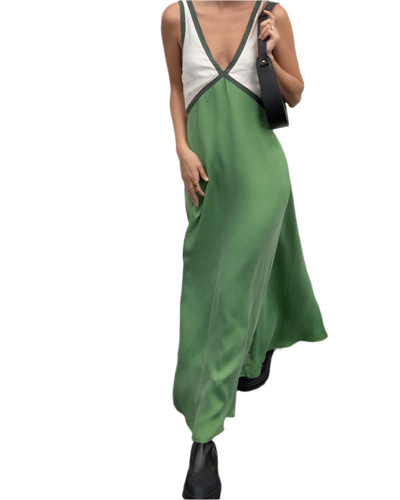 Kvinnors Midi Klänning V-ringad Färgblock 0