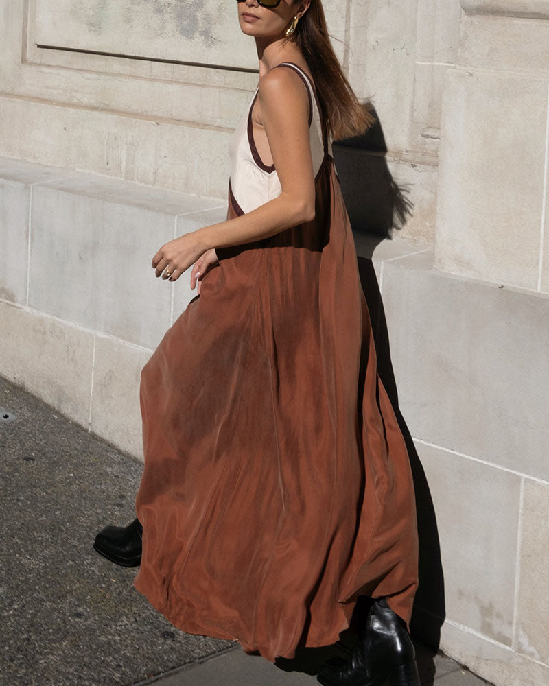 Kvinnors Midi Klänning V-ringad Färgblock 5