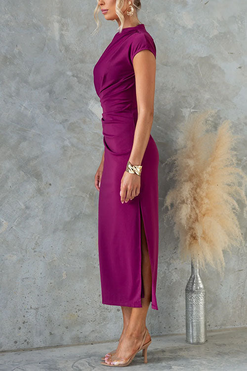 Kvinnors Midi Klänning med Rynkade Ärmar och Sidslits 2